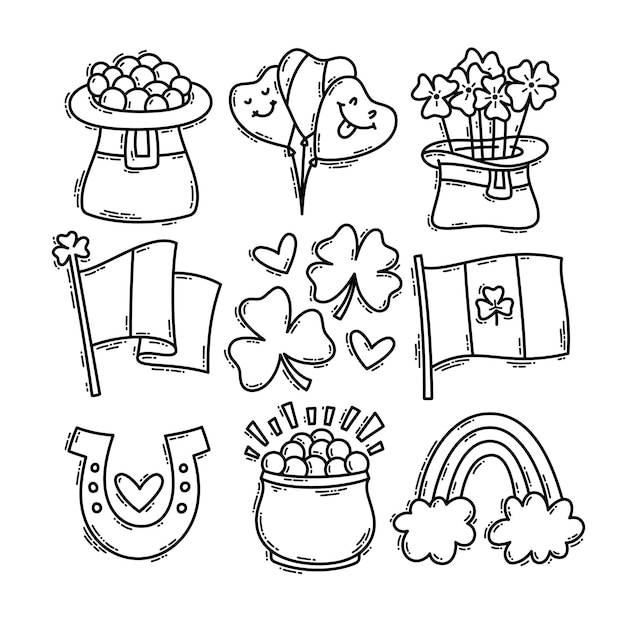 Saint Patricks Day doodle style handdrawn icon set with simple engraving effect editable stroke