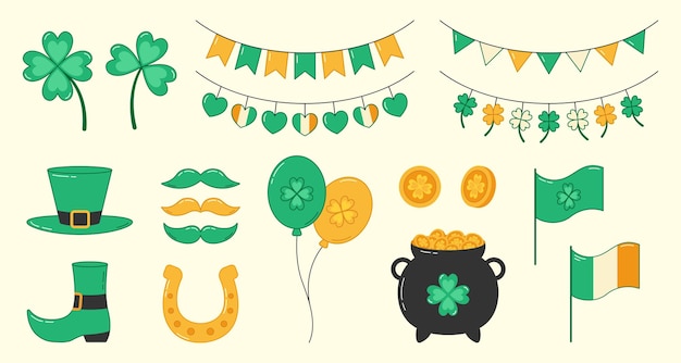 Vector saint patricks day element collection. clover, horseshoe, pot of gold coins, leprechaun hat and shoe