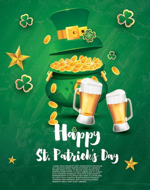 Vettore banner festivo del giorno di san patrizio con monete d'oro piene di pentola bicchiere di birra cappello a cilindro verde e trifoglio