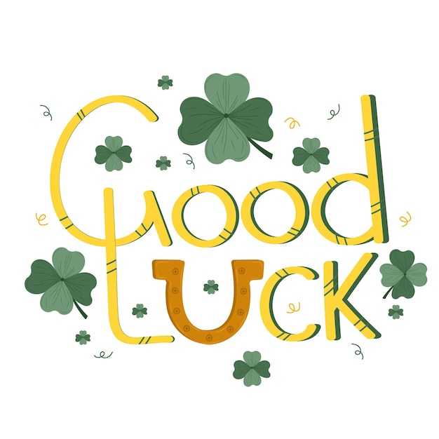 Saint patricks day illustration with good luck lettering and horseshoe on isolated background