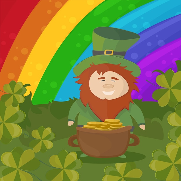 Saint patricks day invitation card design with treasure of leprechaun on rainbow background. vector illustration.