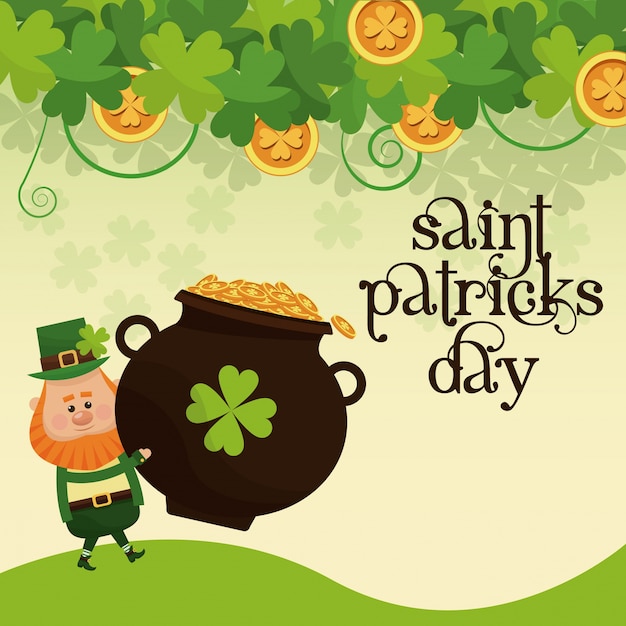 Saint patricks day leprechaun carrying big pot coins golden lettering poster