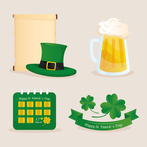 Saint patricks day lettering in ribbon with set icons  illustration