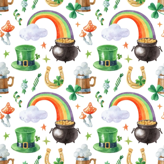 Saint patricks day naadloze patroon met kabouter hoed pot met gouden regenboog klaver vector art