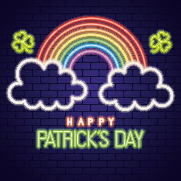 Saint patricks day neon light with clovers and rainbow  illustration