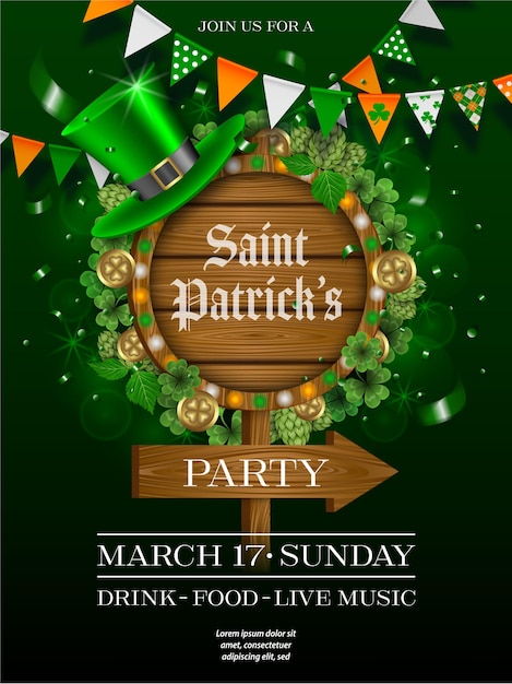 Saint patricks day poster with pennants green hat and wooden signboard