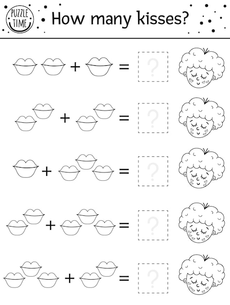 Gioco di conteggio in bianco e nero di san valentino con baci e cupido. attività di vacanza per bambini in età prescolare con tema d'amore. foglio di lavoro educativo stampabile per la matematica. puzzle di contorno dell'aggiunta