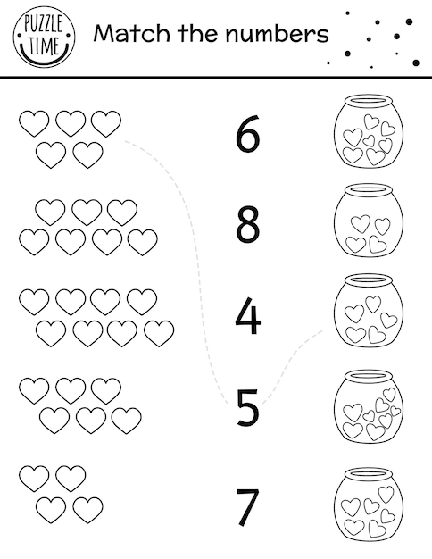 瓶の中の心と聖バレンタインデーの黒と白のマッチングゲーム。就学前の子供のための休日の数学の活動。子供のための愛をテーマにした印刷可能なカウントワークシートの概要