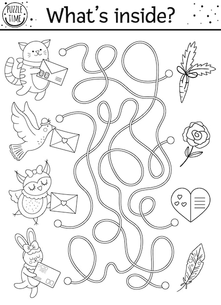 Saint Valentine day black and white maze for children. Holiday preschool printable educational activity. Funny game with cute animals. Romantic puzzle or coloring page with love theme.