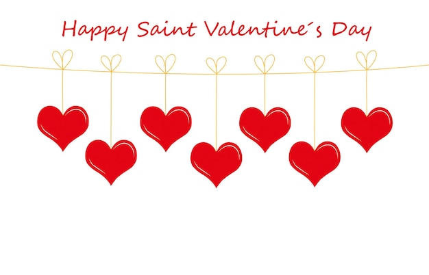 A saint valentine day greeting card with hanging red hearts