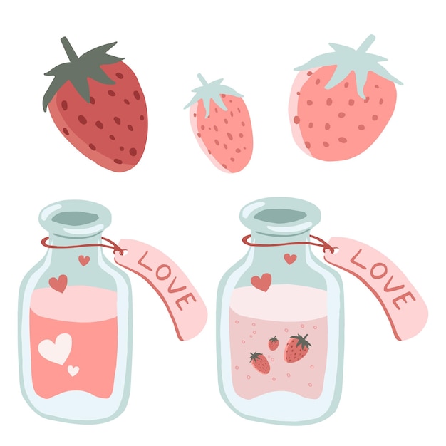 Elementi di san valentino con fragole e bottiglie di pozioni d'amore. illustrazione sveglia del giorno dell'amore con bacche e bevanda d'amore