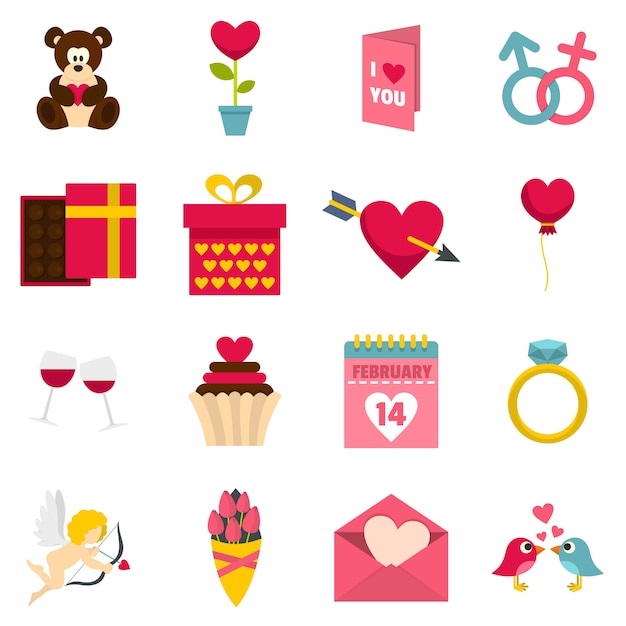 Saint Valentine icons set in flat style