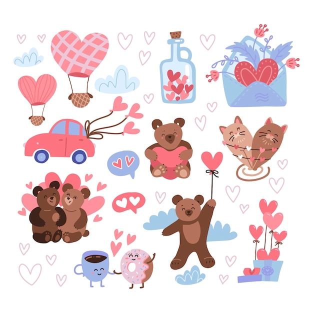 Saint Valentine's Day sticker set. Feast of St Valentine's labels, happy 14 february icons with cute teddies, jar of hearts, air balloons, love letter.