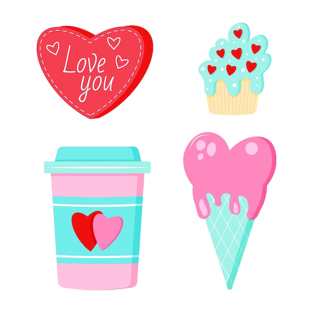 Saint Valentine s day vector set Coffee icecream heart puncake