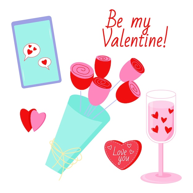 Saint Valentine s day vector set Flowers glass with hearts phone with hearts