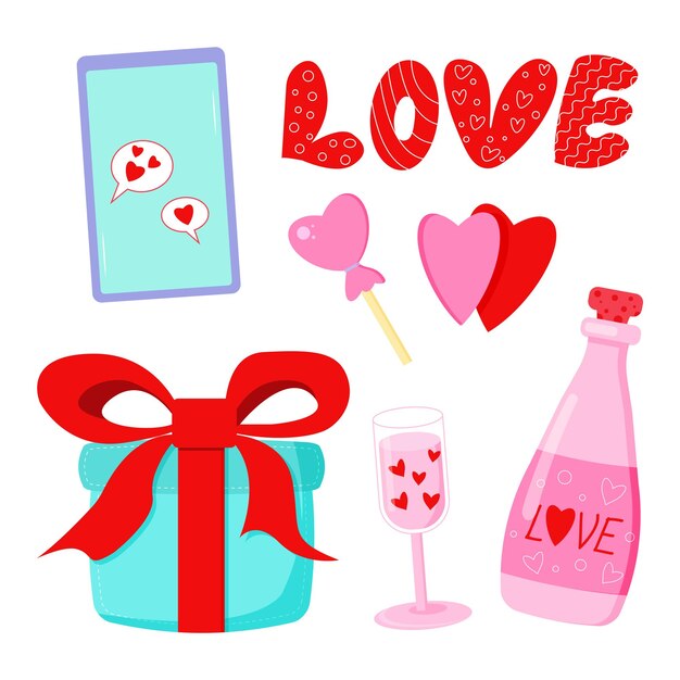 Saint valentine's day vector set shampagne harten blauwe doos telefoon