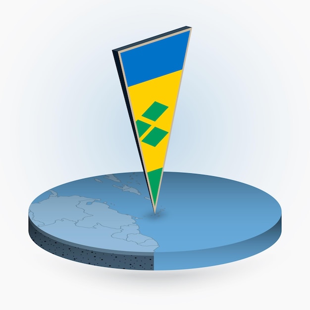 セントビンセントおよびグレナディーン諸島の三角形の 3D 旗を持つ丸いアイソメ図スタイルのセントビンセントおよびグレナディーン諸島の地図
