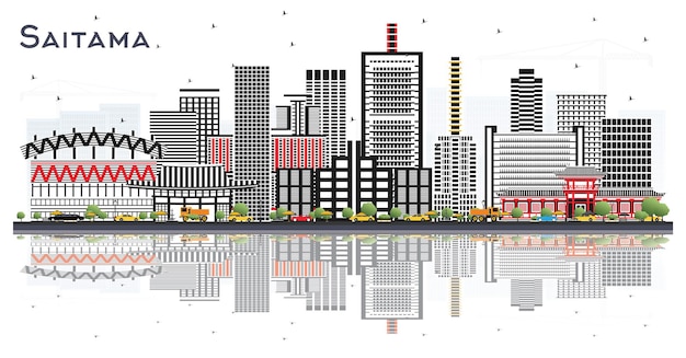 Вектор Сайтама, япония, город с цветными зданиями и отражениями, изолированными на белом