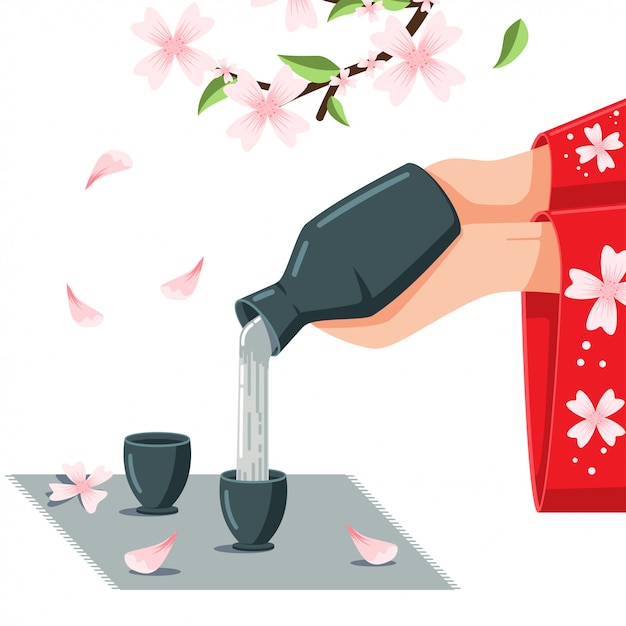 Vector sake cartoon illustratie op de bloesem cherry.