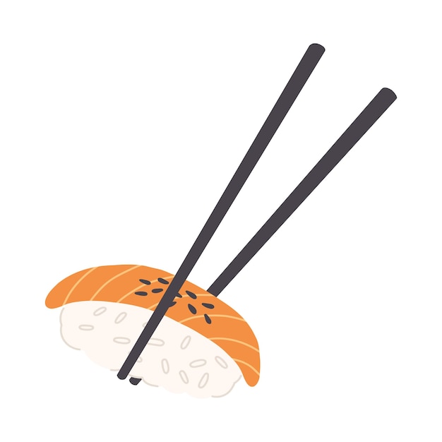 젓가락으로 사케 니기리 스시 요리. 격리에 전통적인 일본 아시아 음식 평면 그림