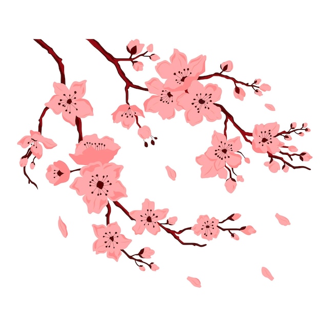 Vector sakura bloesem. kersentak met bloemen en knop. bloemblaadjes vallen. vectorillustratie kleur platte cartoon geïsoleerd op een witte achtergrond.