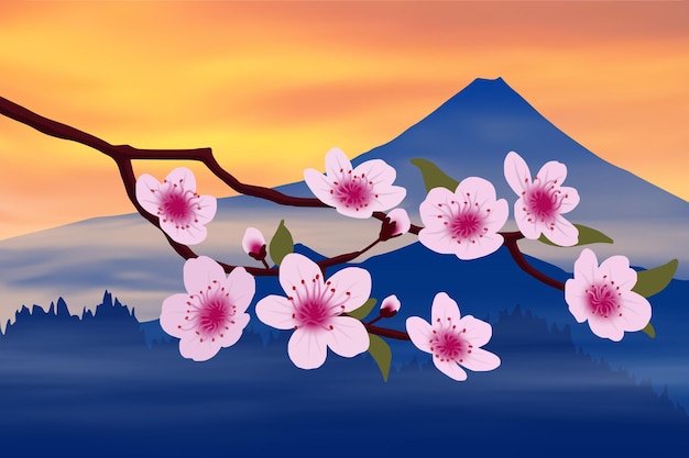 일본의 하나미 축제, 후지산의 배경에 있는 사쿠라 꽃, 벡터 일러스트 레이 션