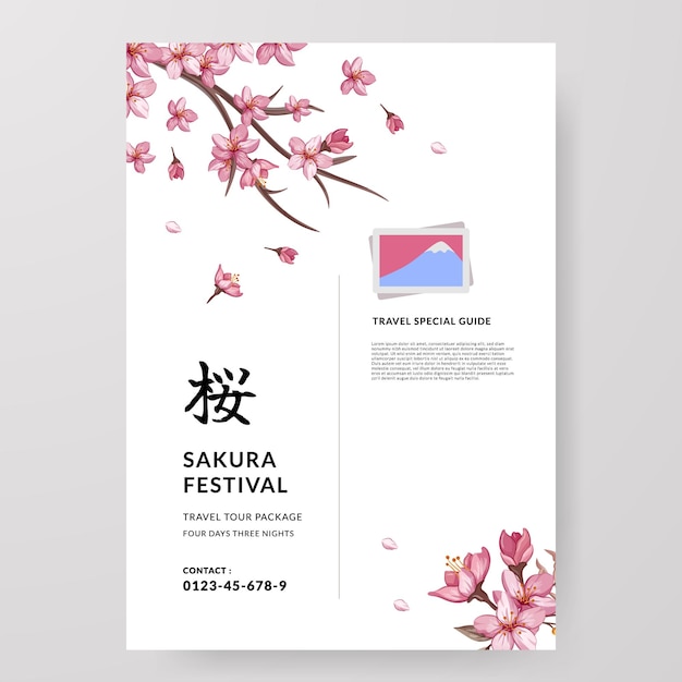 Il manifesto della guida turistica del giappone del fiore di ciliegia di sakura festival viaggia all'estero con l'illustrazione del fiore