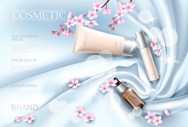 Modello di poster promozionale cosmetico fiore sakura. fiore di petalo rosa