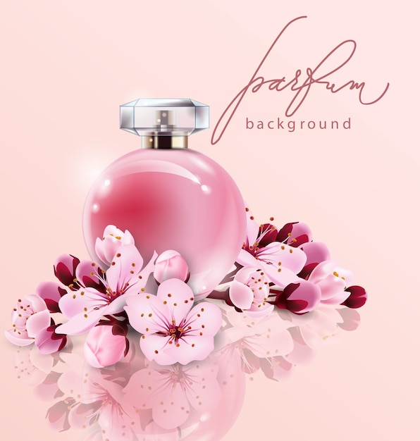 Sakura parfum advertenties realistische stijl parfum in een glazen fles op roze achtergrond met sakura bloemen