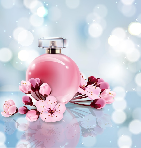 Vettore il profumo sakura annuncia un profumo in stile realistico in una bottiglia di vetro su sfondo blu sfocato con bokeh