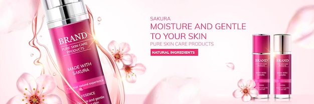 Vector sakura skin care ads with cherry blossom flying in the air in 3d illustration, light pink background