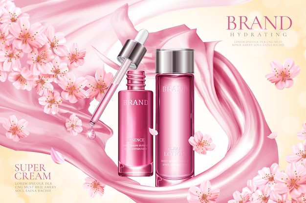 Sakura skincare product ads with pink smooth satin and floral elements