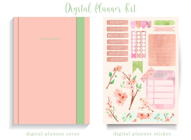 Vector sakura theme digital planner kit with book cover watercolor