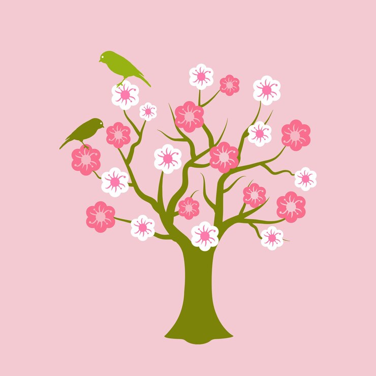 Vector sakura tree with birds