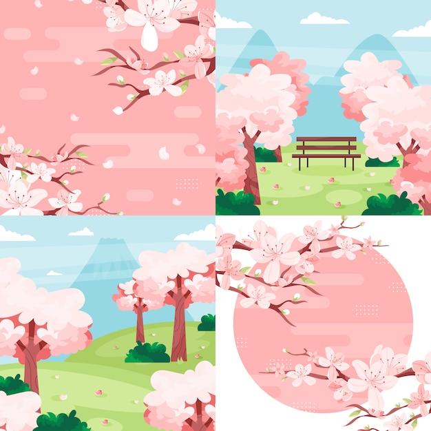 Sakura trees illustrations in flat design