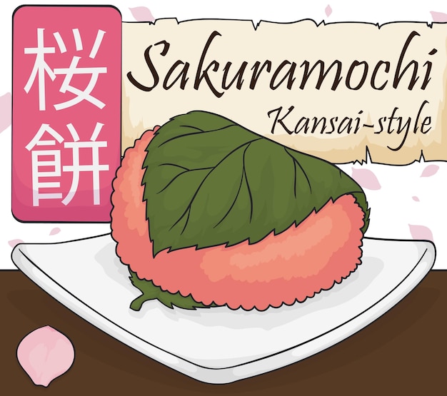 Sakuramochi in Japanse kalligrafie op het roze bord in Kansai-stijl klaar voor het Hanami-festival