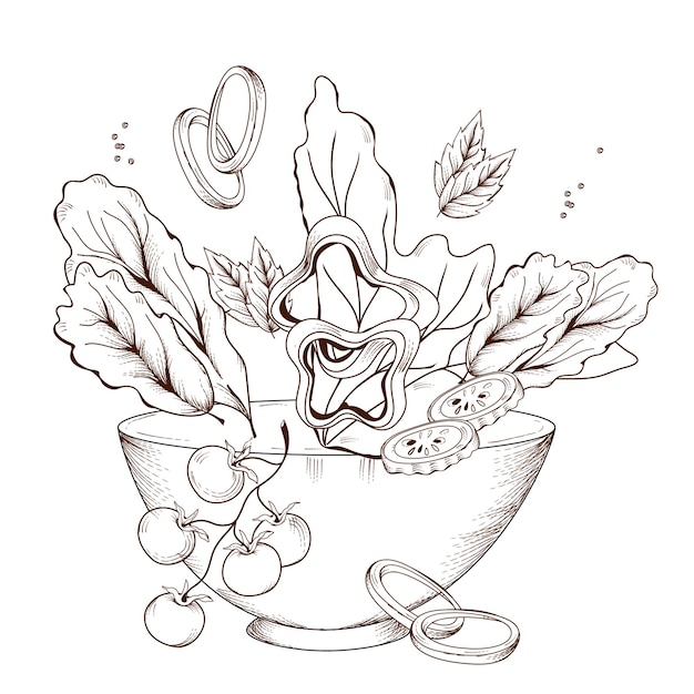 野菜とレタスの葉の混合物のサラダボウル彫刻スタイルベクトルイラスト分離