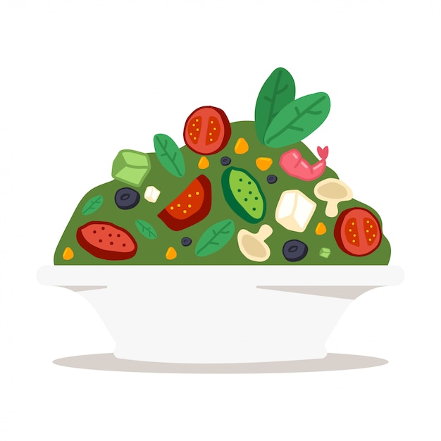Vector salad bowl with vegetables, cheese and shrimps