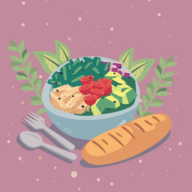 Vector salad and bread home food