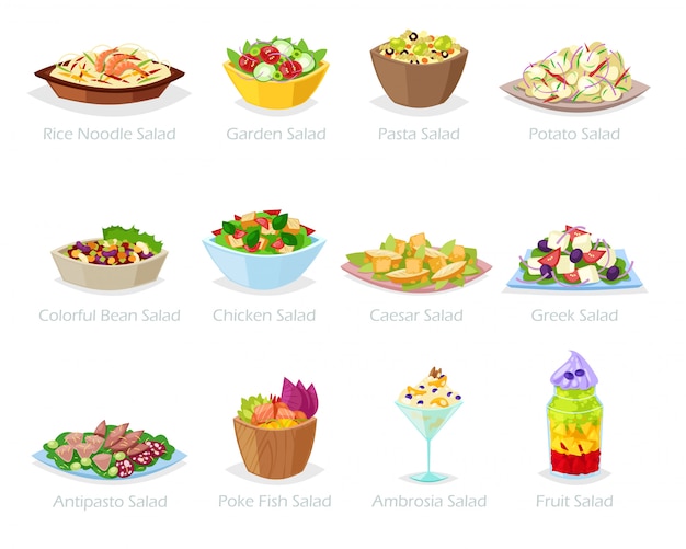 Vector salad  healthy food with fresh vegetables tomato or potato in salad-bowl or salad-dish for dinner or lunch illustration set of organic meal diet  on white background