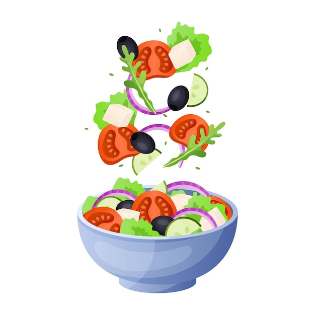 ベクトル サラダの材料漫画飛行緑のレタスの葉野菜と卵健康的なベジタリアン メニュー軽い夏のダイエット朝食プレートに落ちるトマトとキュウリの部分ベクトル図