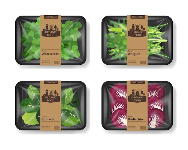 サラダの葉とセロハンカバー付きのプラスチック製トレイコンテナー。レトロなデザインセット。プラスチック製の食品容器。図。