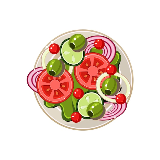 Salad of sliced vegetables served food. colourful vector illustration