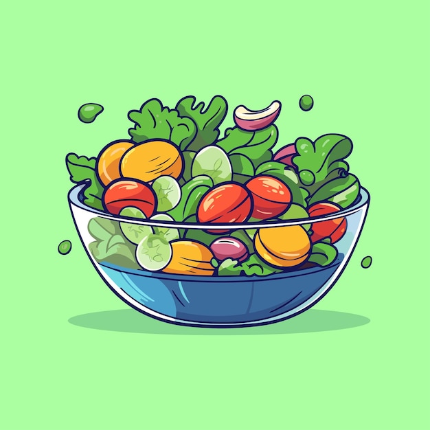 Linea pulita dell'illustrazione di vettore dell'insalata e clipart di colore freddo per il web del manifesto del menu