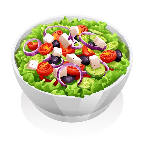 Salad with cheese and fresh vegetables vector illustration. Greek salad