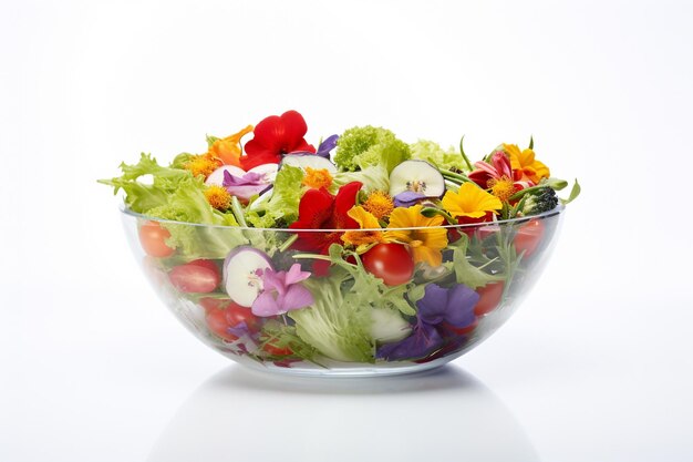 ベクトル 白い背景に隔離されたガラスの鉢に新鮮な野菜,オリーブ,チーズを入れたサラダ