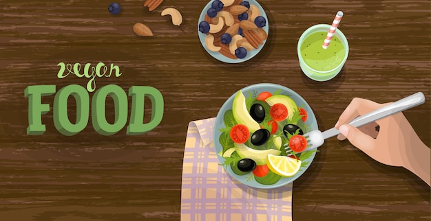 Salade en smoothie bovenaanzicht sjabloon voor spandoek. gezond veganistisch voedselontbijt. groene fruit- en groenteschaal. fitness dieet rantsoen verse vegetarische plat leggen