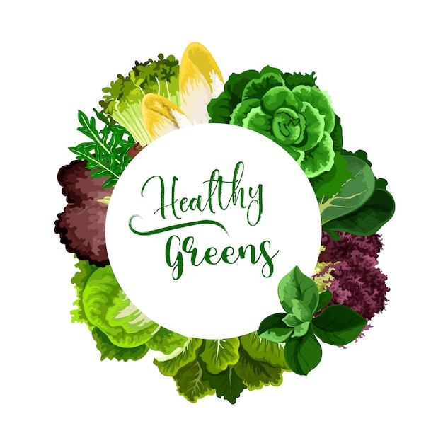 Vector salads and healthy veggies round frame