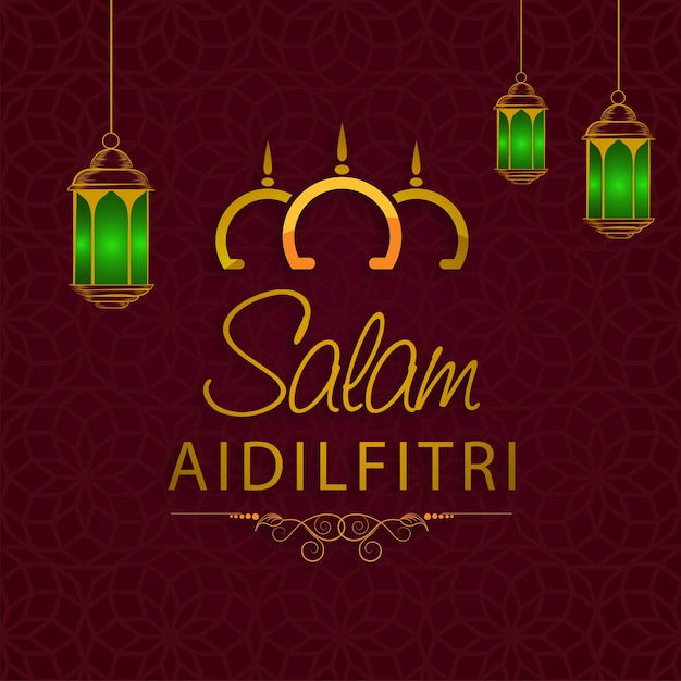 Salam aidilfitri font with line art mosque realistic lanterns hang on red mandala pattern background