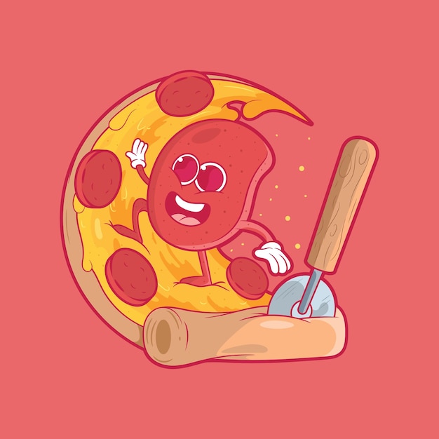 Vector salami character surfing a pizza wave vector illustration. sport, food, brand design concept.